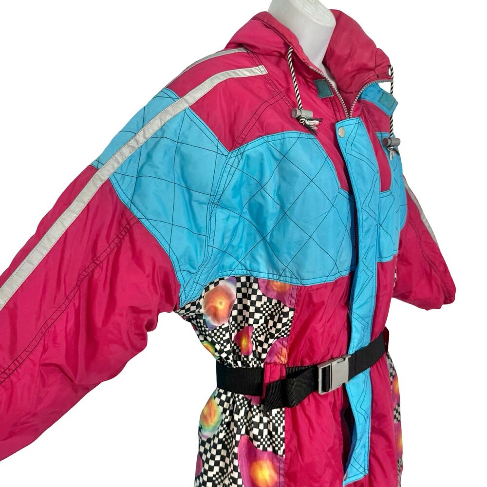 Vintage 90s Blue Pink Checkerboard Hooded Ski Suit One Piece Size S *GOOD* - Picture 13 of 16